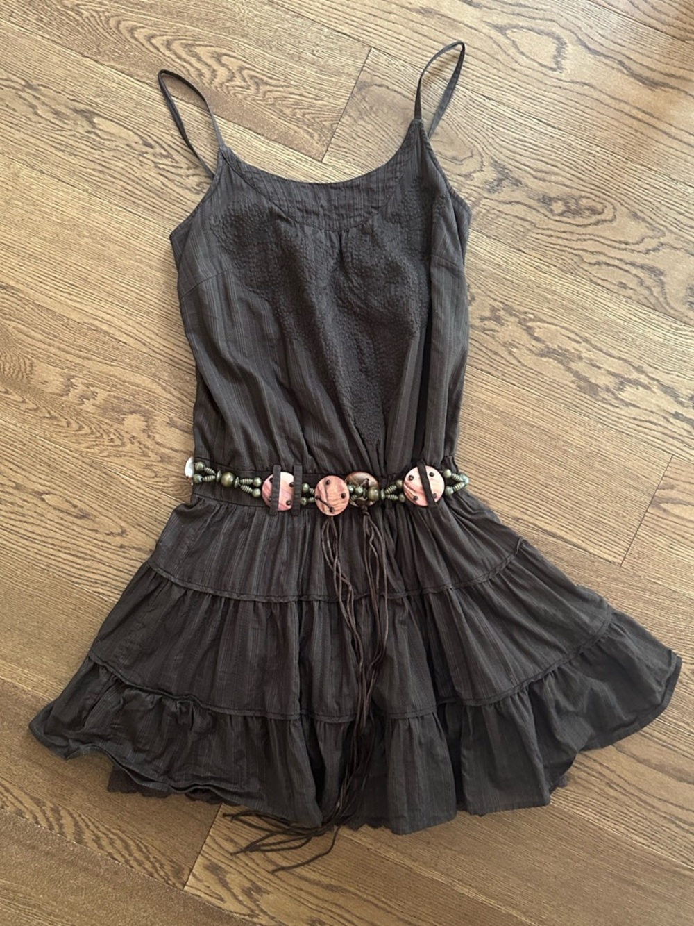 Vero Moda Brown Ruffle Mini Dress with Beaded Belt